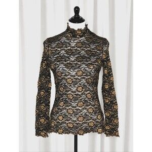 Reba Sheer Mesh Black Metallic Gold High Collar Button Neck Long Sleeve Blouse